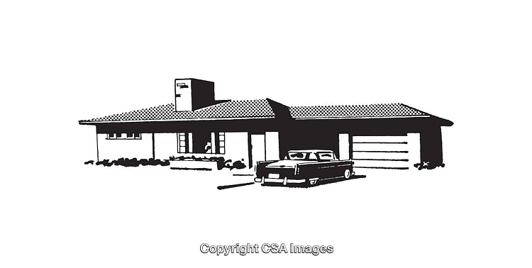 Vintage Black and White House Illustration With Classic Car