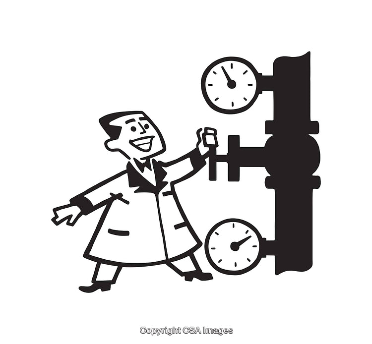 Retro Illustration of a Happy Technician Adjusting Pressure Gauges