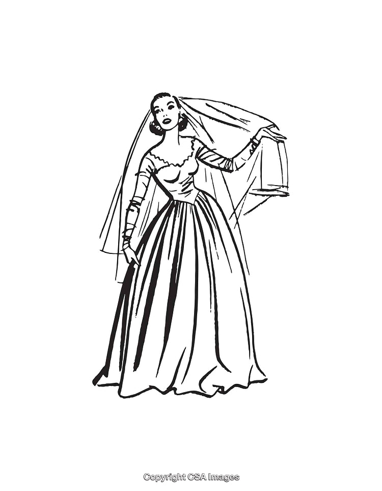 Elegant Vintage Bride in Classic Wedding Gown and Veil Line Art Illustration