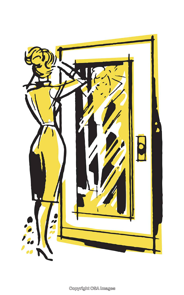Vintage Style Illustration of Woman Checking Her Reflection in Store Window