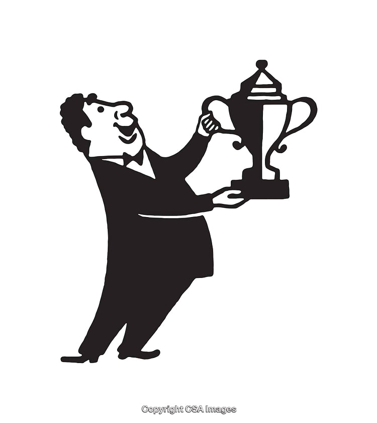 Black and White Illustration of a Man Holding a Trophy Figurine