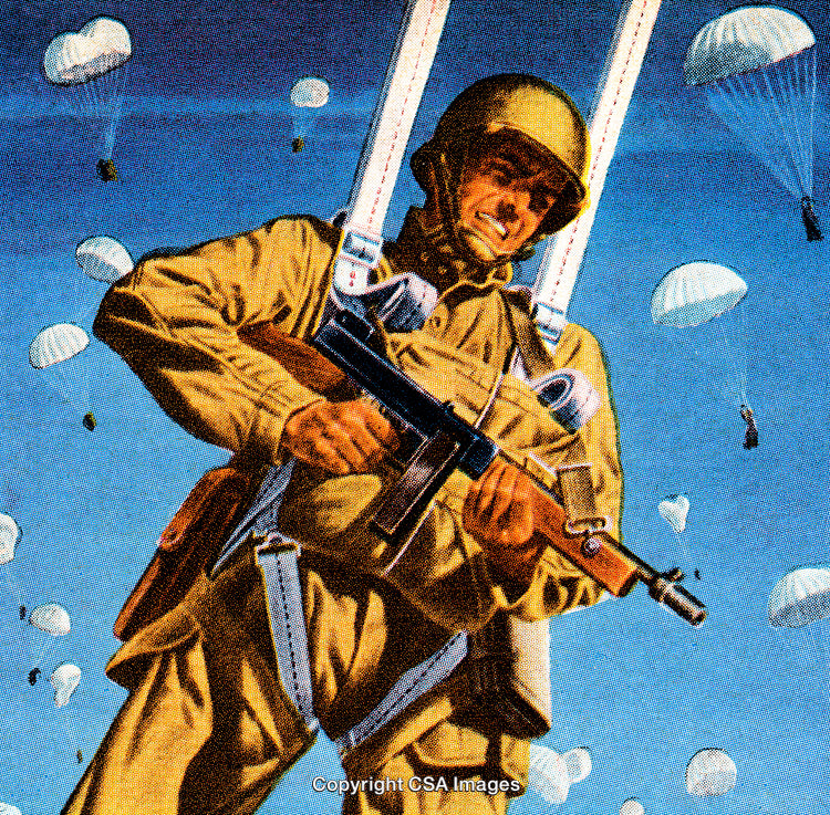 Vintage Illustration of Army Paratrooper Holding a Weapon During Descent
