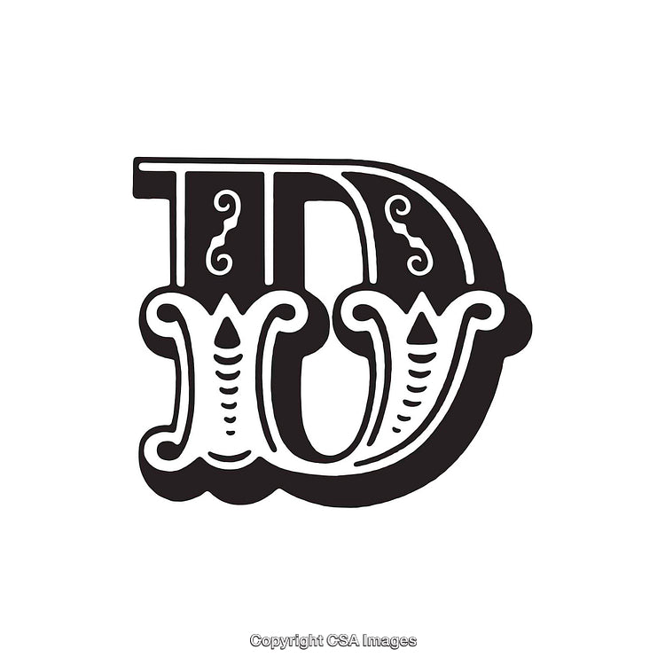 Intricate Decorative Letter D with Ornamental Detailing in Bold Black and White