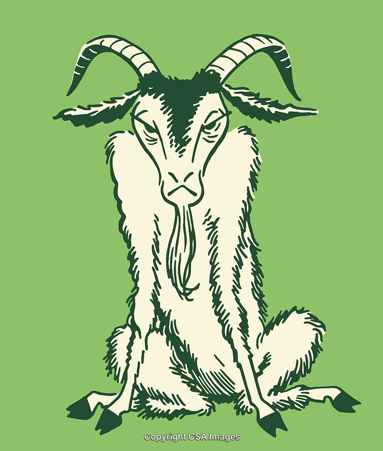 Illustrated Cartoon Goat Sitting on Green Background with Hand-Drawn Style
