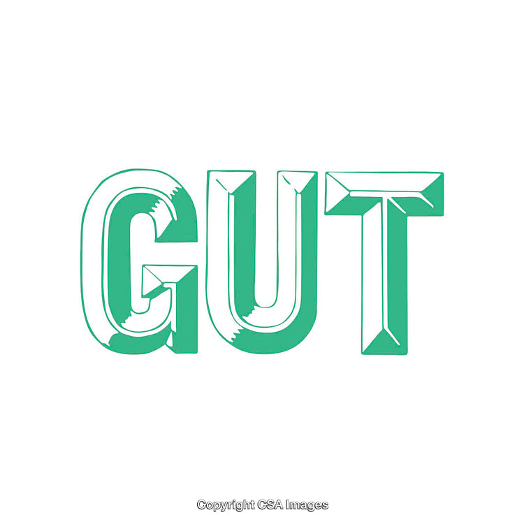 Green Text Design Depicting the Word "GUT" on White Background