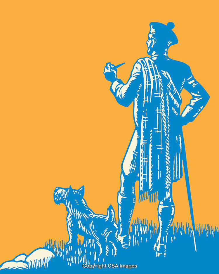 Illustration of a Highlander with Dog in Traditional Scottish Attire