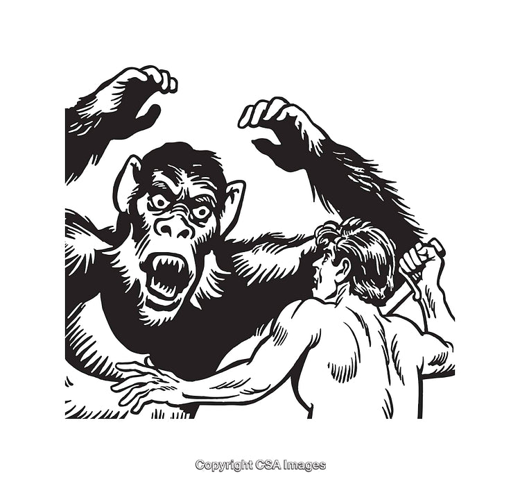 Dramatic Black and White Line Art Depicting Man Battling a Giant Ape