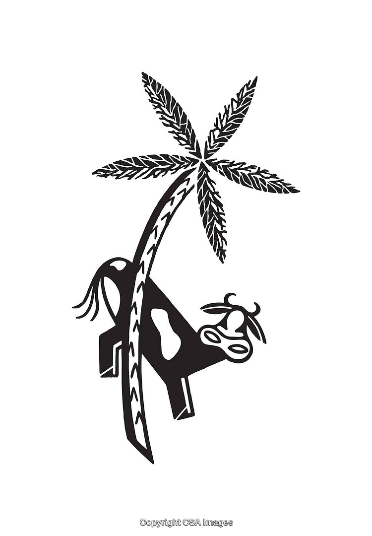 Black And White Line Art of Cow Under a Palm Tree Illustration