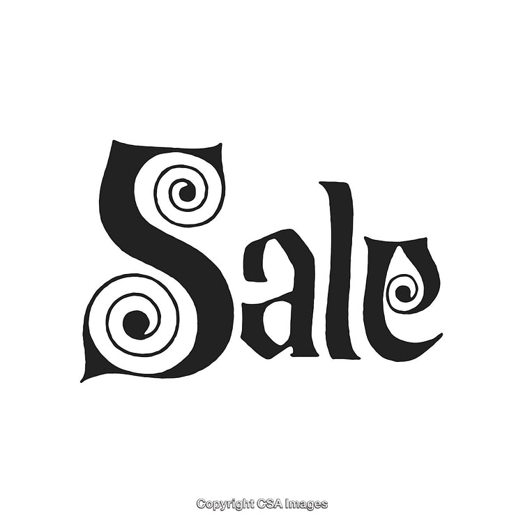 Decorative Black Text Sale Design with Swirl Accents on White Background