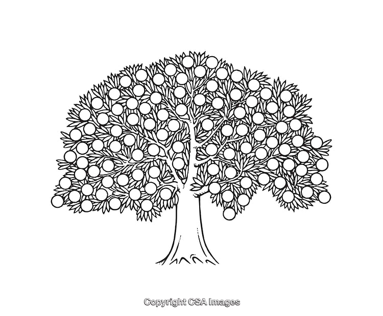 Intricate Black and White Line Art Illustration of a Detailed Fruit Tree