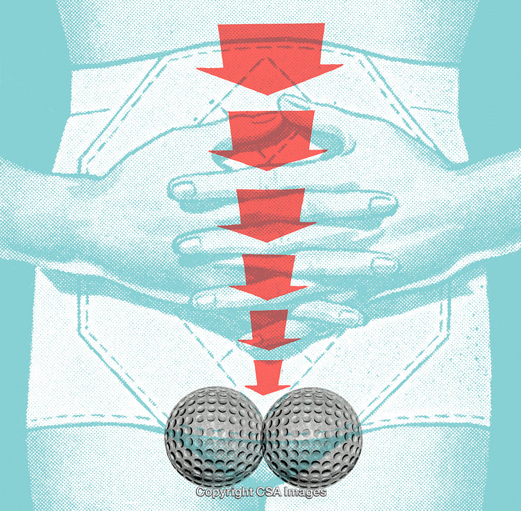 Surreal Collage of Abstract Human Anatomy, Golf Balls, and Red Arrows Illustration