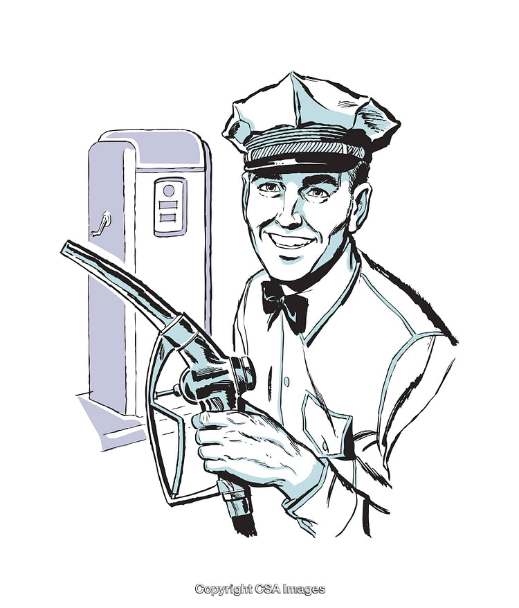 Retro Illustration of a Smiling Gas Station Attendant Pumping Fuel