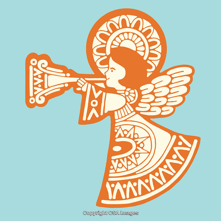Decorative Angel Playing Trumpet with Ornate Design Details on Colorful Background