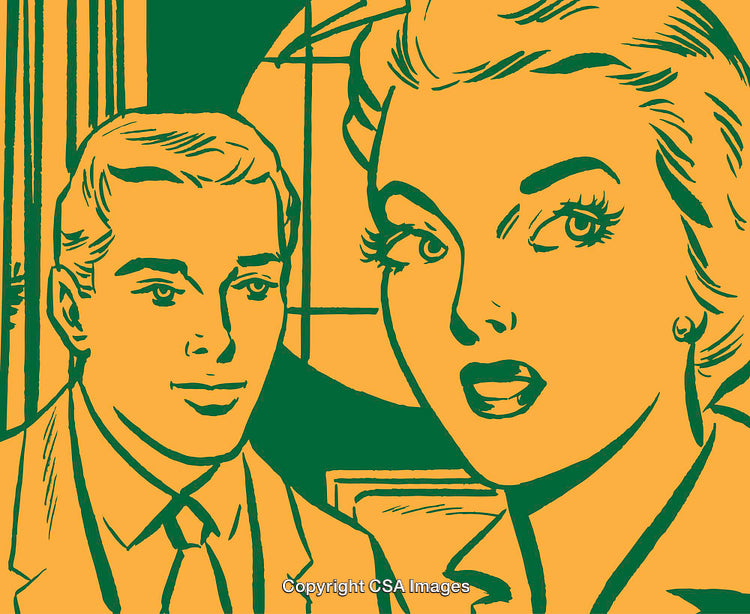 Retro Style Illustration of Surprised Woman and Smiling Man in Conversation