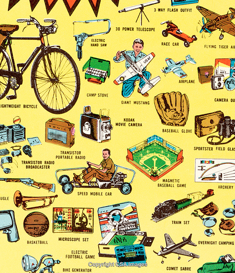 Vintage Comic Style Illustration of Popular Toys and Gadgets
