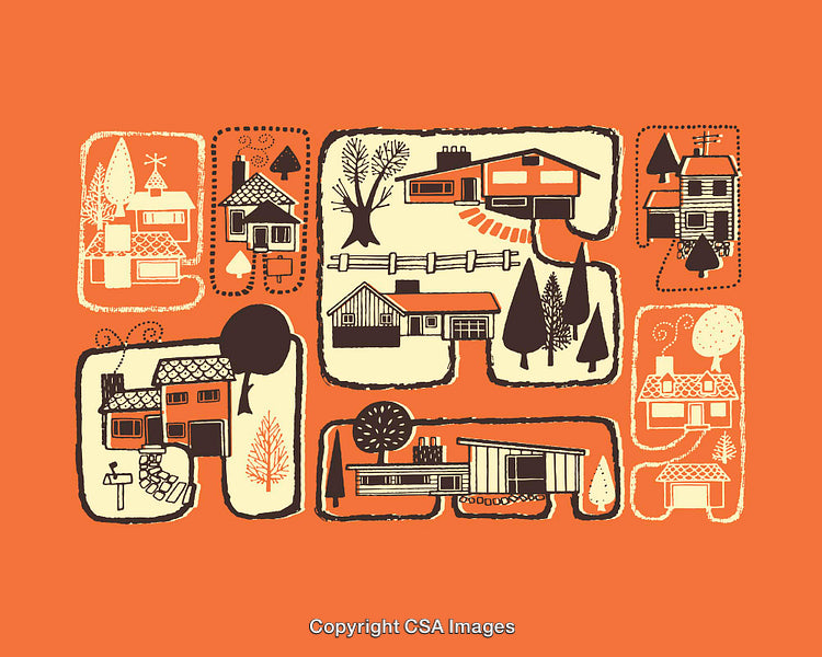 Colorful Vintage Style Line Art Illustrations of Quaint Houses