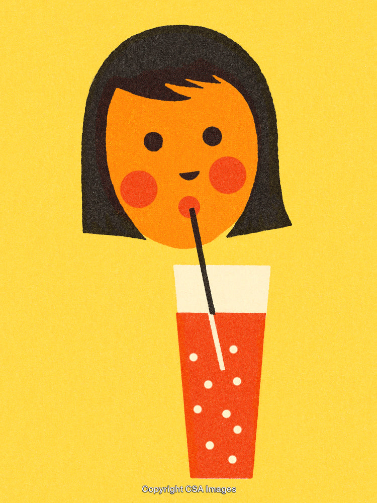Retro Illustration of Girl Drinking Refreshing Soda with Straw on Yellow Background