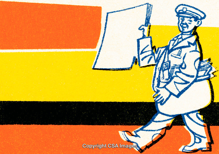 Vintage Illustration of a Cheerful Postal Worker Delivering Mail in Bold Colors