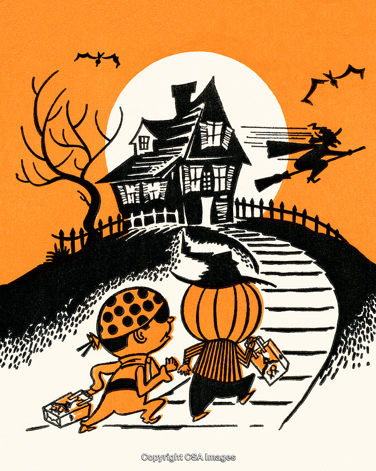 Halloween Night With Costumed Children and Haunted House Illustration