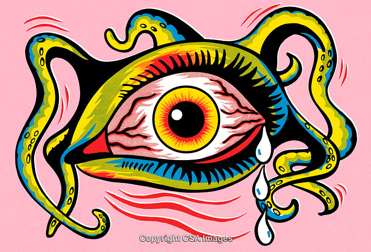 Colorful Illustration of Surreal Eyeball With Tentacles and Teardrops