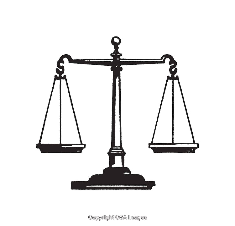 Black and White Line Art Depicting Legal Scales of Justice