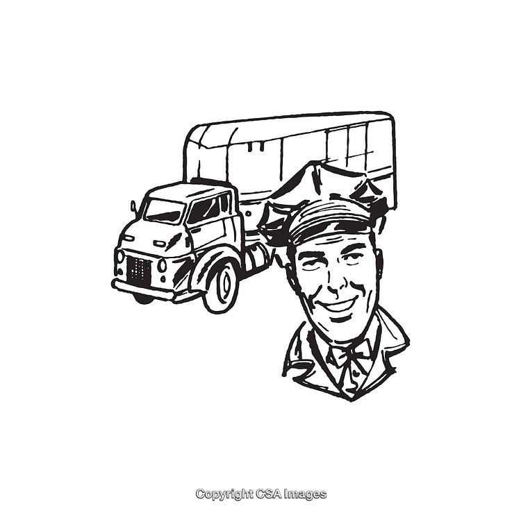 Retro Line Art Illustration of a Smiling Man and a Large Truck