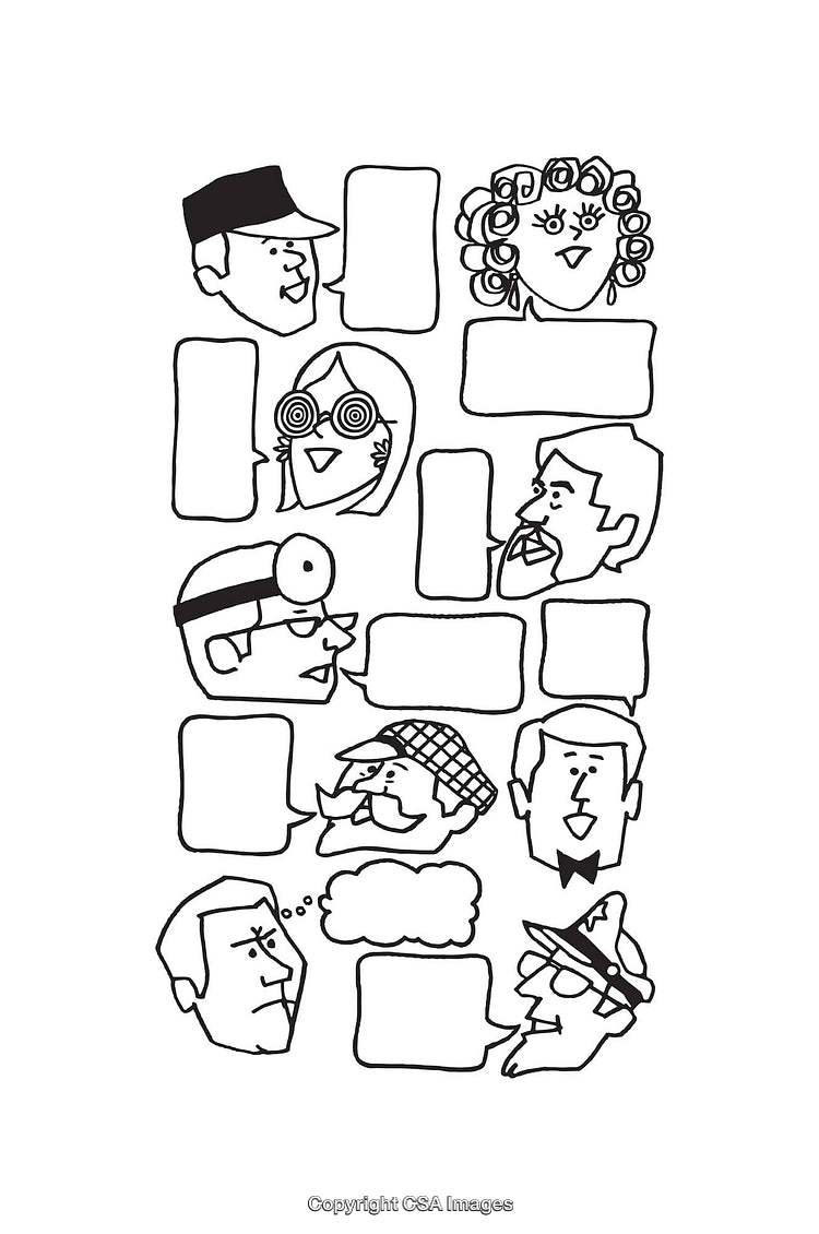 Black and White Line Art Illustrations of Characters and Speech Bubbles