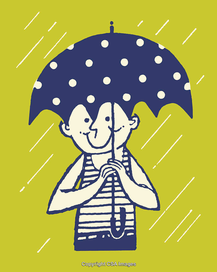 Playful Illustration of Smiling Person Under Polka Dot Umbrella in the Rain