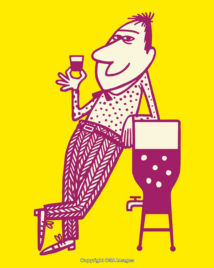 Colorful Line Art Illustration of Person With Beverage Dispenser on Yellow Background