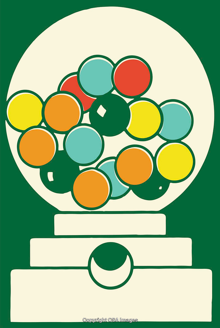 Colorful Line Art Illustration of a Gumball Machine Filled with Spheres