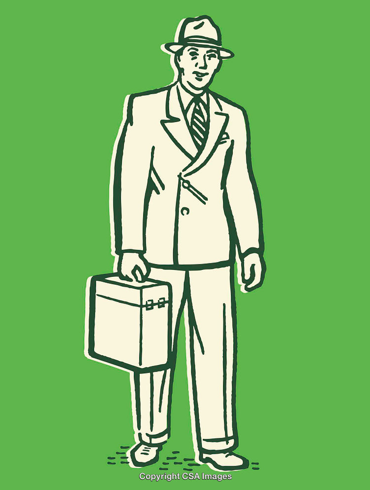 Illustration of a Businessman with Briefcase in Vintage Style on Green Background