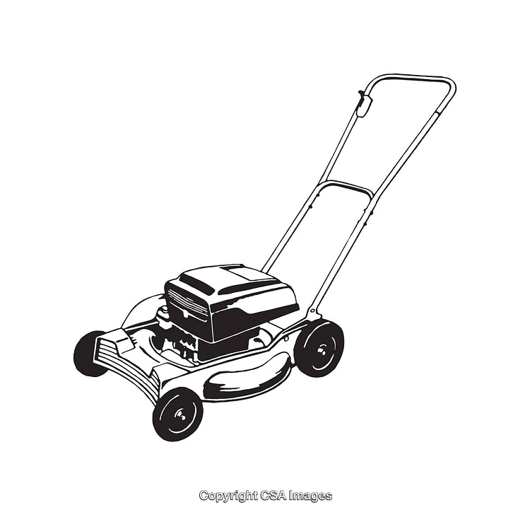 Black and White Line Art of a Push Lawn Mower Design