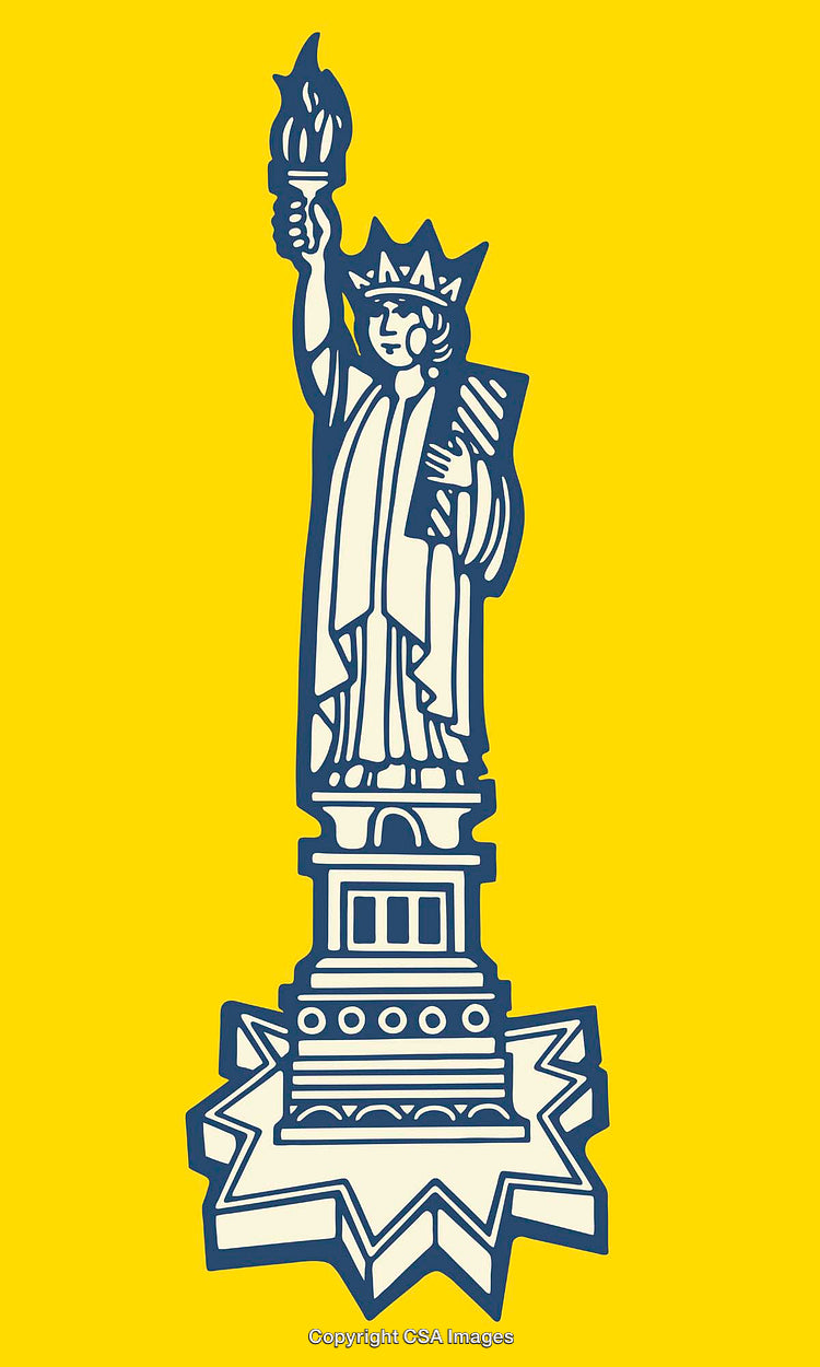 Cartoon Style Statue of Liberty Illustration in Bold Blue and Yellow