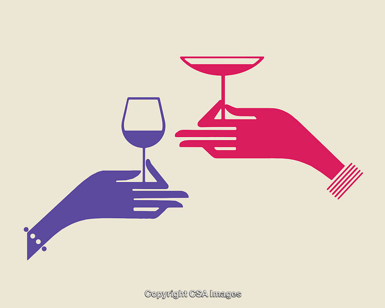 Minimalistic Illustration of Two Hands Holding Wine and Cocktail Glasses