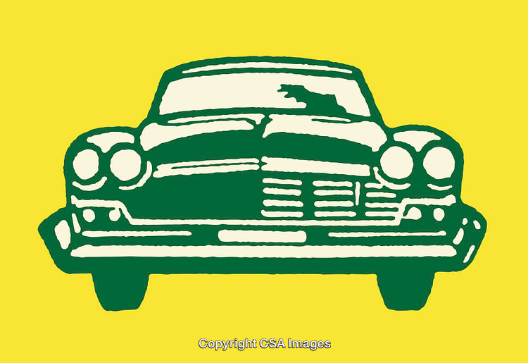 Vintage Green Car Illustration on Bright Yellow Background
