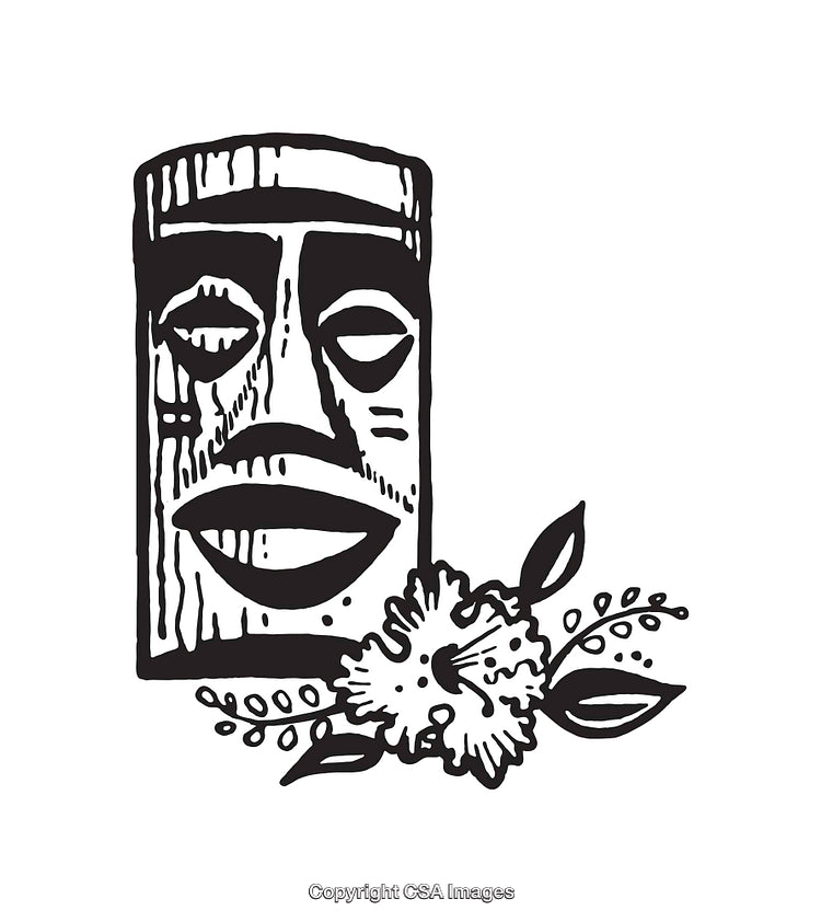 Tribal Illustration of a Tiki Mask with Floral Accents in Monochrome Line Art