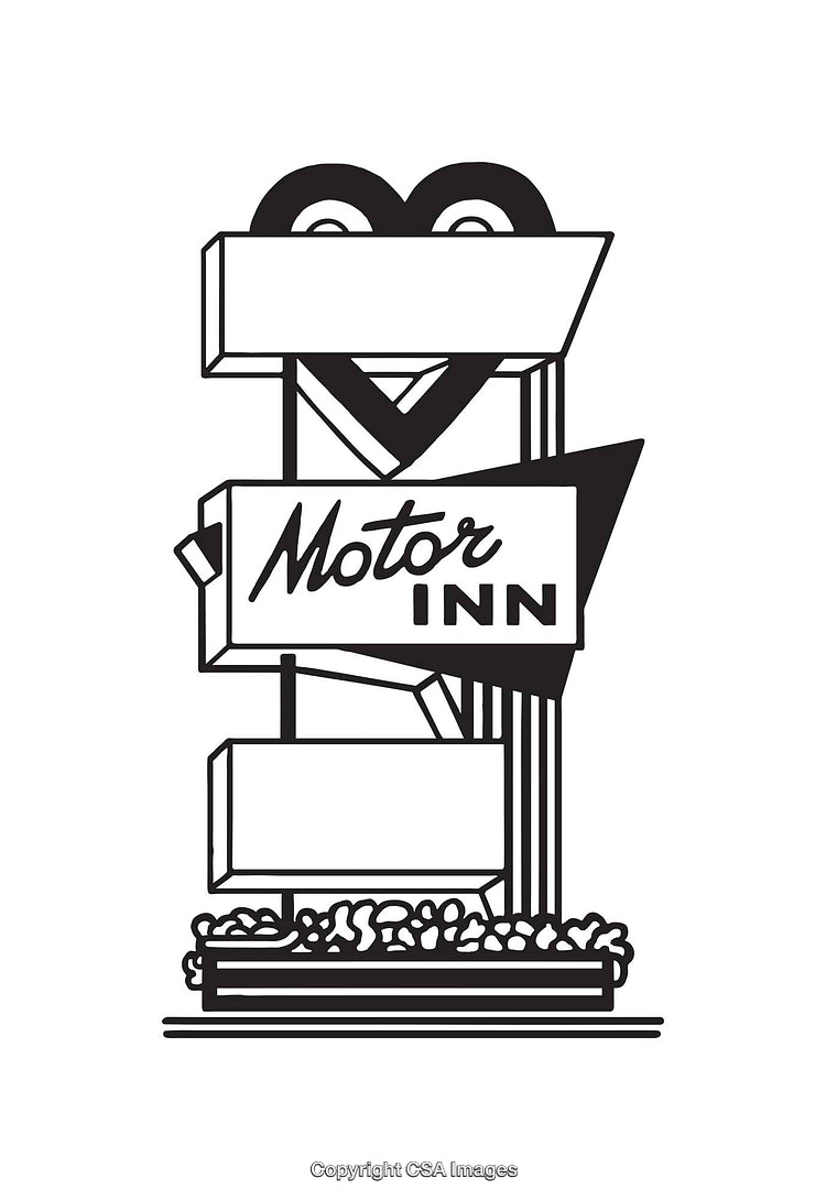 Vintage Stylized Motor Inn Sign Black and White Line Art Illustration