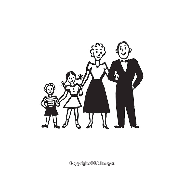 Black and White Illustration of a Happy Family of Four Standing Together