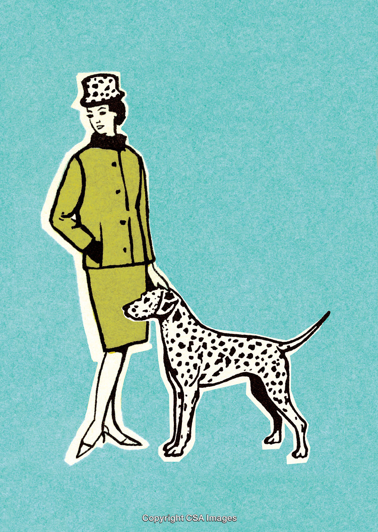 Vintage Illustration of a Lady with a Dalmatian Dog on Blue Background