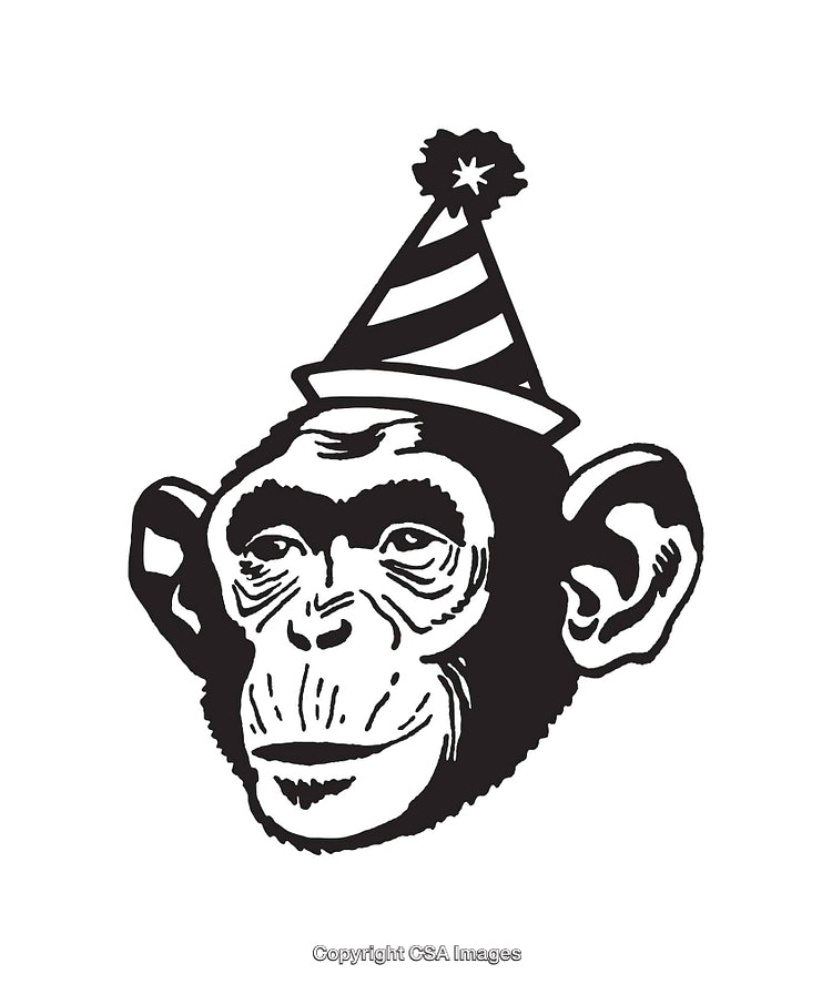 Chimpanzee Party Illustration Featuring a Festive Hat with Unique Details