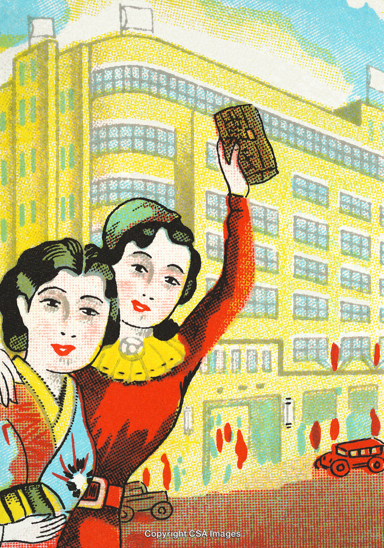 Colorful Artwork of Two Women in Urban Setting with Vintage Illustration Style