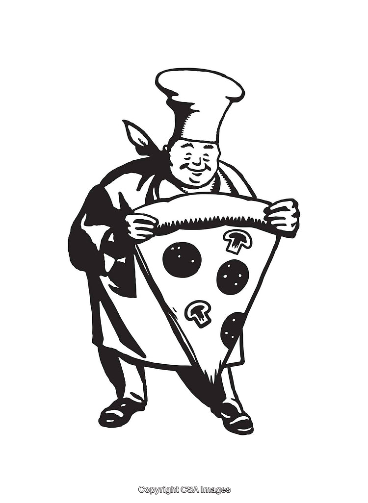 Cheerful Chef Holding a Large Slice of Pizza with Toppings