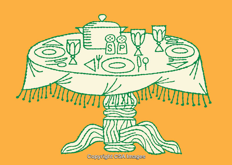 Dining Table Line Art with Elegant Table Setting on Orange Background