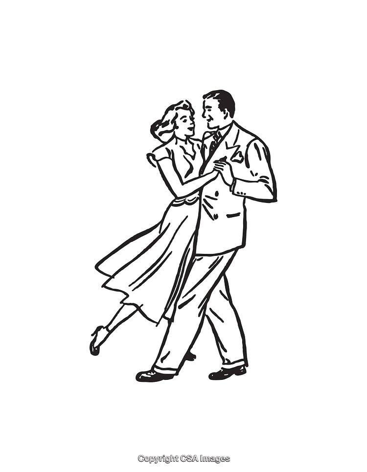 Elegant Couple Dancing in Vintage Style Black and White Line Art