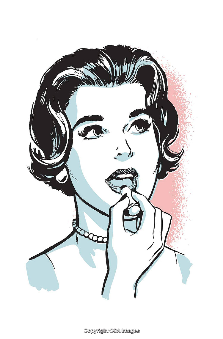Retro Style Illustration of Woman Applying Lipstick with Thoughtful Expression