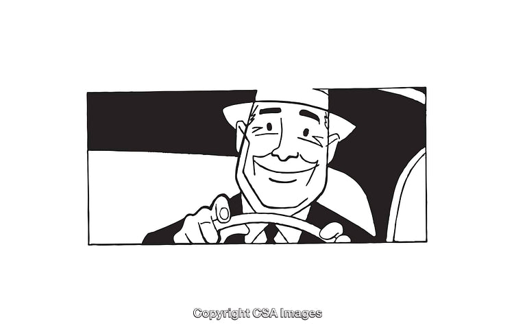 Black and White Illustration of Smiling Man Driving a Car