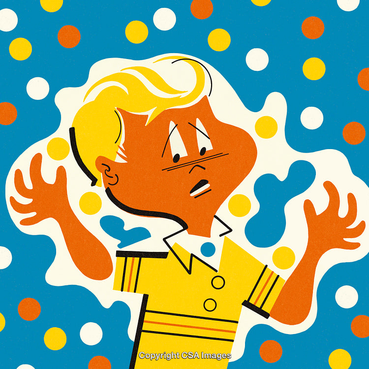 Retro Cartoon Character Surprised Against a Bright Colorful Patterned Background