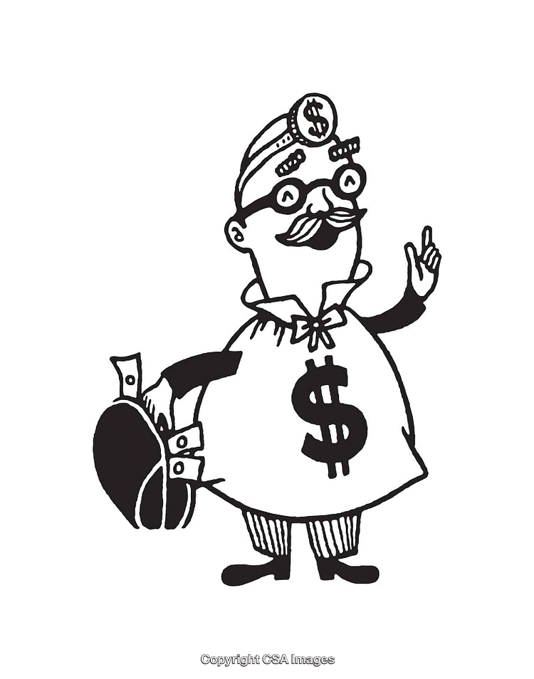 Black and White Line Art Illustration of a Money Bag Character