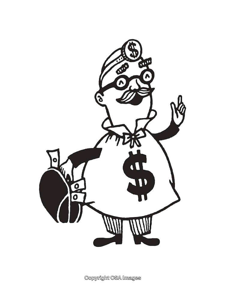Black and White Line Art Illustration of a Money Bag Character