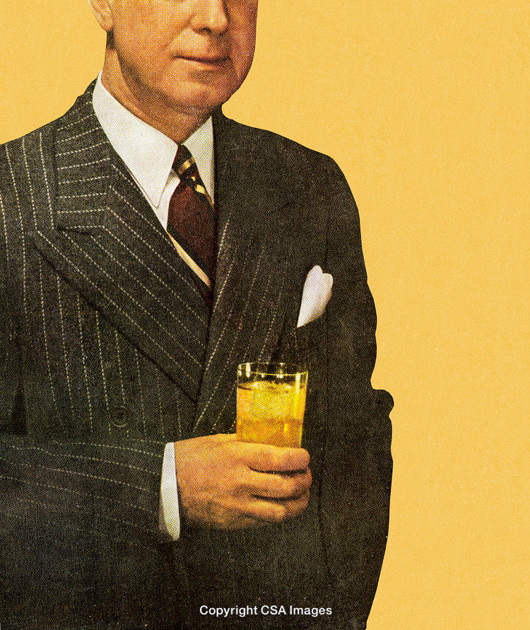 Elegant Man in Suit Holding Drink Against Textured Yellow Background